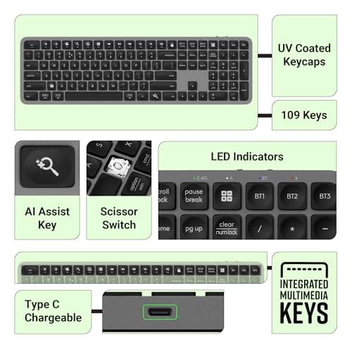 ZEBRONICS K5002MW Slim Wireless Keyboard with in-Built Battery, Copilot AI Key, Windows | Mac | iOS | Android, Scissor Switch, 3 Bluetooth + 2.4Ghz, 109 Keys, 13 Multimedia Keys, Type C Charging 4