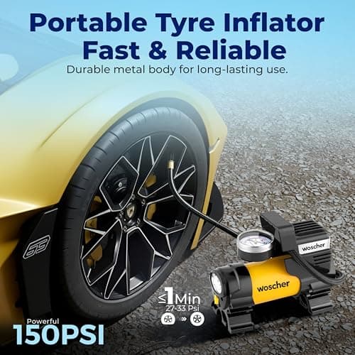 Woscher 100% Copper Motor Tyre Inflator for Car Air Pump for Car Tyres| 12V DC Superfast Inflation 150 psi | Strong Metal Body with Emergency LED Light,Heavy Duty Zipper Bag | 1 Yrs Warranty (678) 3