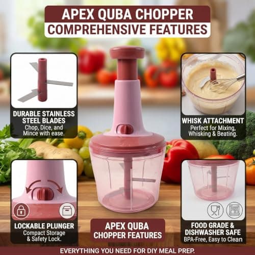 Apex Quba Manual Push Chopper (1000ml) | Heavy Duty Vegetable Chopper & Mixer with 3 Sharp Stainless Steel Blades & Whisk Attachment for Chopping, Blending & Pureeing (Pink/Burgundy) 4