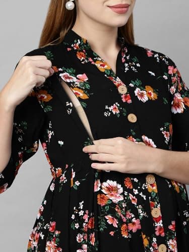 MomToBe Women's Rayon Maternity Dress & Western Dress with Zippers for Nursing Pre and Post Pregnancy (Ink Black ; XXX-Large) 5