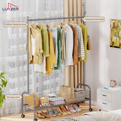 Lukzer | MGR-003 | Grey | Metal Clothes Hanging Stand with Wheels, Bottom Shelf & Single Rod – Stylish Garment Rack & Cloth Organizer for Entryway, Dressing Room & More | 173 x 110 x 35 cm 3