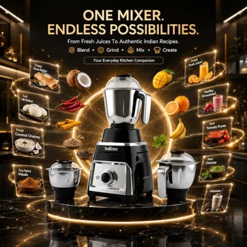 indicon Thar 1HP (1000 Watts) Mixer Grinder, 3 Jars, Black | Heavy Duty Copper Motor for Grinding, Blending & Mixing | Stainless Steel Blades, Multi-Speed, Durable Kitchen Power Tool (Black) 5