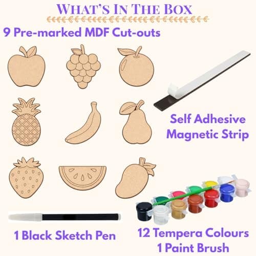 ImagiVibe Paint Your Own Fruits Fridge Magnet Kit for Kids | 9 MDF Cut-Outs DIY Painting Activity with Colours & Brush | Creative Screen-Free Art & Craft Kit | Made in India (Fruits) 2