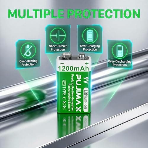 PUJIMAX 9V Rechargeable Lithium Battery 1200mAh — High‑Capacity 1200 Cycles with USB‑C Charger Cable, Long Life, 10‑Year Shelf Life, Reliable Output — 1‑Pack 5