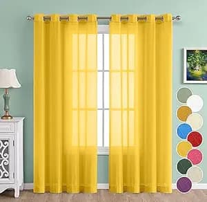 THE LINEN COMPANY Cotton Linen Solid Window Curtain Set with Steel Eyelet Rings- 4 Feet (Lemon, Set of 2)