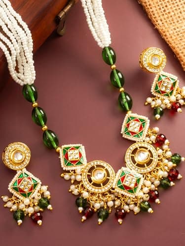 BEVOGUE Traditional Necklace Set with Earrings | Brass Gold Plated Jewellery with Multicolor Stones & Pearls | Trendy Ethnic Jewellery Set | Ideal Gift Choice for Women (NK4836) 3