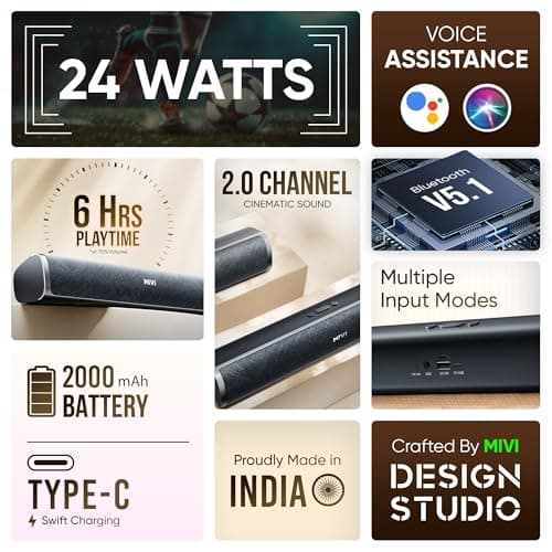 Mivi Fort S24 Bluetooth Speaker Soundbar with 24W Powerful Sound, 2.0 Channel Speaker, Multiple Connectivity Modes, Portable Speaker, Made in India Soundbar 2