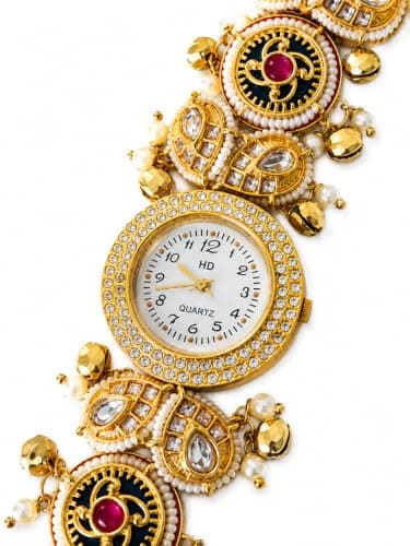 Sleekify Heritage Bracelet Watch for Women, Traditional Kashmiri Kundan Watch with Pearl & Ghunghroo Design, Analog Quartz Round Dial, Gold Finish Adjustable Chain Ethnic Wrist Watch 2