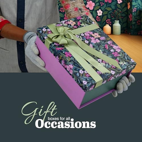 RBS®- Gift Box for Packing (21 X 27 X 11Cm) Hamper Box for Gift empty (1 Pack) Multipurpose Christmas Gift Box Holding Upto 5Kg Pre-Attached Ribbon Reuse boxes for gift (Olive Orchid) 5