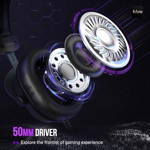 FIFINE Gaming Headset for PC, USB Streaming Headset with 3.5mm Headphones Jack, Detachable Microphone, 7.1 Surround Sound for PS4 PS5, Over-Ear Black Headphone-H9 2