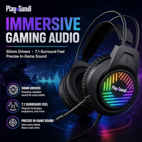 PlayxSundi G1 Wired Gaming Headset | 50mm Drivers | 7.1 Surround Sound | RGB LED Light | Omnidirectional Mic | 3.5mm + USB | PC PS4 PS5 Xbox One Xbox Series S/X NS Switch | 2M Cable | 6 Month Warrenty 4