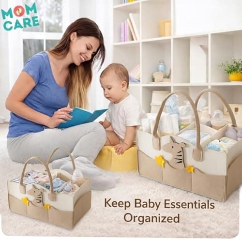 MOM CARE Baby Diaper Organizer Caddy | Nursery Storage Basket with Removable Dividers & 11 Pockets | Portable Baby Essentials Organizer for Diapers, Wipes, Bottles | Felt Diaper Storage Bag – Brown 2