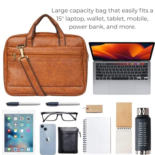 Mihaa Laptop Bags for Man | Leather Laptop Bags for Men Office | Upto 15.6 Inch | Water Resistant | Multiple Organisers | PU Leather | Professional Office Bag — [Brown] 3