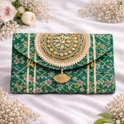 Jaipur Ace Women Ethnic Embroidered Clutch Bag with Golden Handwork & Tassel | Traditional Wedding Party & Festive Shagun Purse| Return Gift Clutch Set (Pack of 4) 5