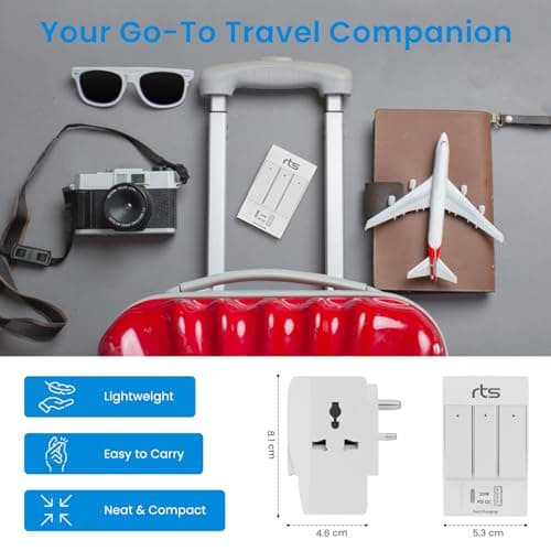 rts 3 Pin Multi Plug Socket-Worldwide Universal Travel Adapter with USB Ports & Type-C PD Individual Switch Safety Shutter LED Indicator-3 Way Plug Socket (5A-250V) Type D Plug for Home Office White 4