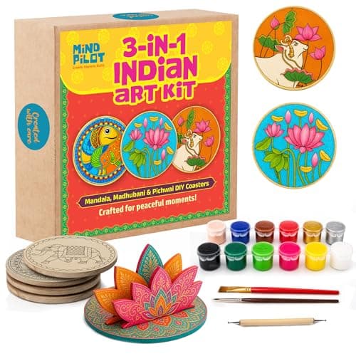Mind Pilot Art & Craft Kit for Kids & Adults | 3-in-1 Indian Painting Kit | Mandala, Madhubani & Pichwai | 6 Pre-Marked Wooden Coasters | 12 Colours | DIY Gift Set | Ages 8+
