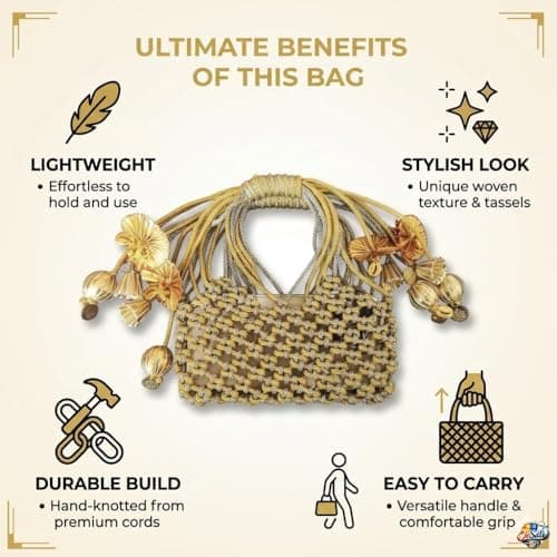 Women’s Handmade Boho Clutch Purse with Beaded Bear Emblem, Stylish Party & Wedding Handbag, Ring Handle Mobile Pouch for Essentials, Horizontal Woven Clutch for Women (Woven Cord Handbag, Large) 4