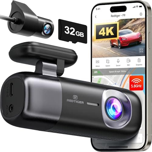 REDTIGER F9 Dash Cam 4K Front and Rear 1080P, Built-in 5.8GHz WiFi and GPS, Dual Dash Camera for Cars with 32GB Card, Loop Recording, Parking Mode, Smart App Control