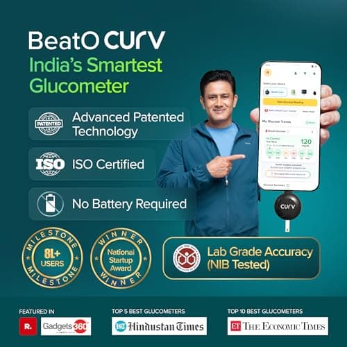 BeatO Combo: CURV Glucometer Machine (Android Type-C) + 15-Day CGM Continuous Glucose Monitor | Smart Sugar Test Machine for Home | Real-Time Blood Sugar Monitoring Device with Strips | Best Glucomete 3