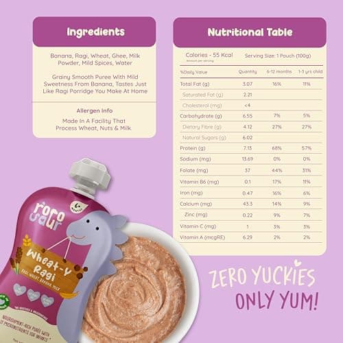 Rorosaur Ready to Eat Wheaty Ragi Baby Food Puree Pouch 100g Each, Pk of 4| Made with Ragi, Wheat, Banana Porridge for 6+ Months Baby |Easy to Digest, 100% Natural Healthy, No Preservatives, No Sugar 5