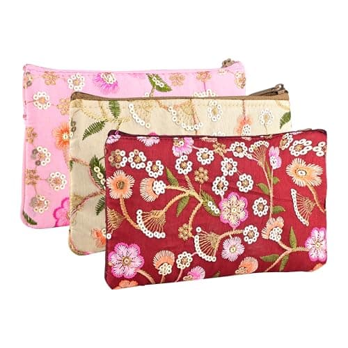 Kuber Industries 3 Pcs Traditional Hand Purse Ladies with Zip | Embroidery Wallet Purse for Women| Return Gift for Ladies | New Flower - Cream, Maroon & Light Pink