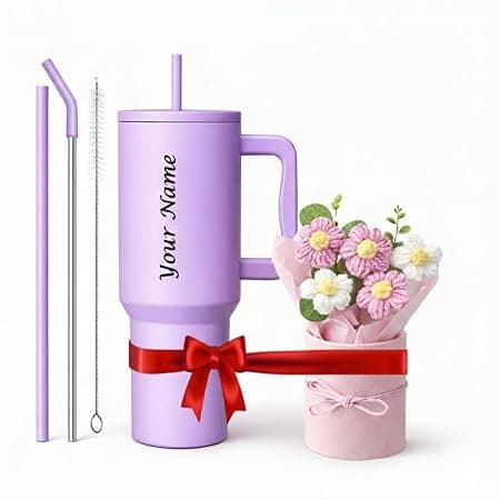 1200ml Steel Insulated Tumbler with Straw | Personalized Tumbler + Crochet Flower Bouquet Gift for Birthdays, Weddings, Anniversaries – Gift for Women, Men, and Girls (Purple + Bouquet)