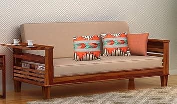 STRATA FURNITURE Sheesham Wood 3 Seater Sofa Set for Living Room Office Home Wooden Sofa Cum Bed with Side Magzine Newspaper Holder (Honey Finish)