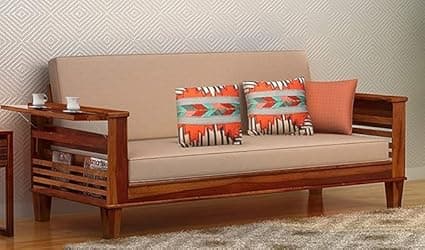STRATA FURNITURE Sheesham Wood 3 Seater Sofa Set for Living Room Office Home Wooden Sofa Cum Bed with Side Magzine Newspaper Holder (Honey Finish)