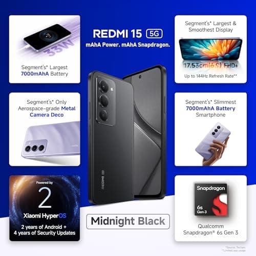 Redmi 15 5G Midnight Black 8GB + 256GB | Segment's Largest 7000mAhA Battery | Segment's Largest Display 17.53cm(6.9) Up to 144Hz | Snapdragon 6s Gen 3 | 18W Reverse Charging | 50MP AI Dual Camera 2