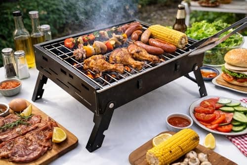 THEODORE Barbecue Grills - Foldable Charcoal Barbeque Grill With (2 Spatula, 1 Bbq, 12 Stick, 1 Air Blower) | Outdoor bbq grill tools for Camping Picnics Traveling - Stellar Black (Barbecue set) 2