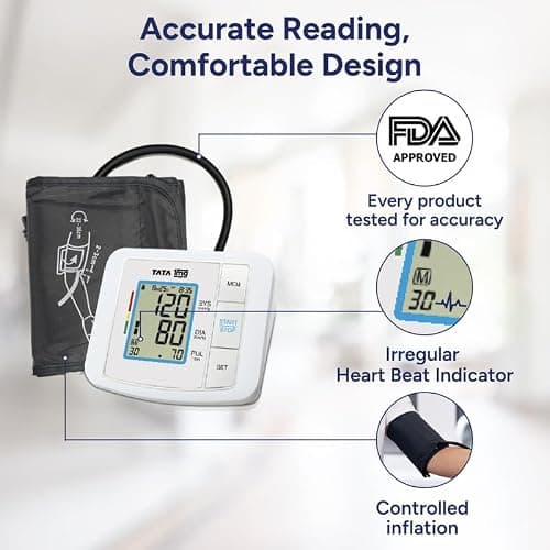 1MG Tata Arm Blood Pressure Monitor | Fully Automatic Portable Digital BP Machine For Home | Large LCD Display | Powered With USB Cable Or AA Batteries | Stores 90 Sets Of Memory For 2 Users, White 4