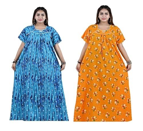 Bejod's Collection Women’s Cotton Nighty Combo Pack of 2, Full Length Printed Maxi Night Gown, Soft Breathable Sleepwear for Women, Plus Size XL, XXL, 3XL