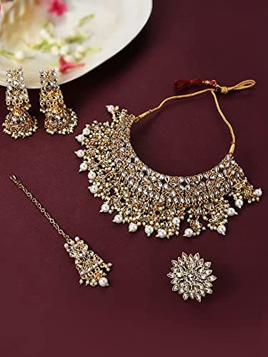 ZAVERI PEARLS Gold Tone Kundan Choker Necklace Earring Maangtikka & Ring Set For Women-ZPFK10799 3