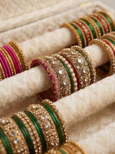 Bubs Spun Bangle Organizer Box for Women, 3 Rod Bridal Chudi Storage Box with Handle & Lock, Premium Velvet Bangle Holder for Bangles, Chudi, Kada & Bracelets, Beige 2