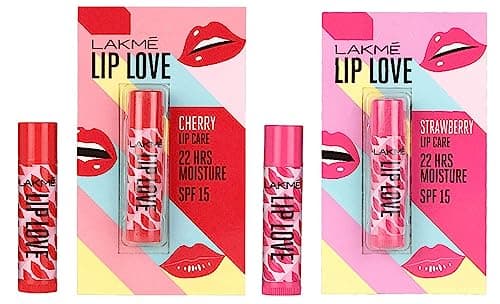 LAKMÉ Lip Love Chapstick Lip Balm, Spf15, Cherry, 4.5g & Lip Love Chapstick Lip Balm, Strawberry, 4.5g