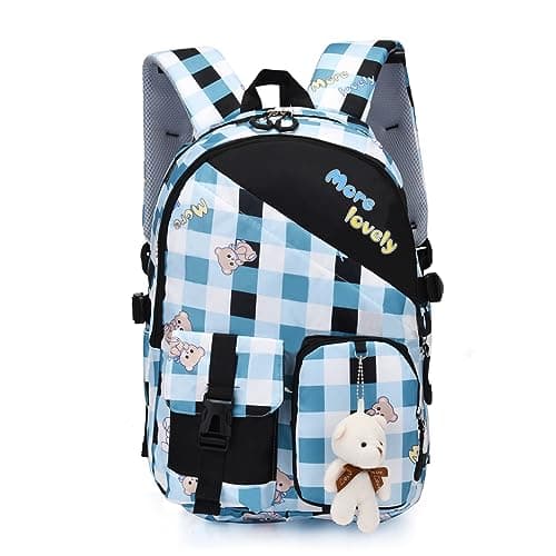 Tinytot 24 Litre Stylish & Trendy Water Resistant High Storage Backpack (Check Printed) School & College Travel Bag for Women & Girls With Cute Teddy Keychain, 18 Inch