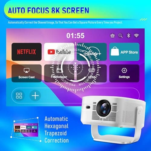 HY450Max Smart Mini Projector with Android 14, Native 1080P Full HD, 4K & 8K 30FPS Video Support, 14000 Lumens, Auto Focus & Keystone, WiFi 6 BT 5.4, Portable LED Projector for Home Theater (HY450MAX) 2