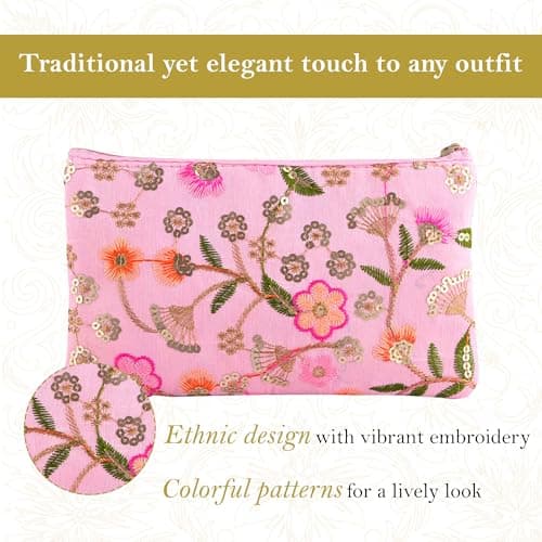 Kuber Industries 3 Pcs Traditional Hand Purse Ladies with Zip | Embroidery Wallet Purse for Women| Return Gift for Ladies | New Flower - Cream, Maroon & Light Pink 4