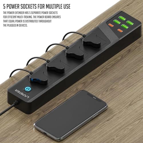 Lapster Xtension MAX with 4 USB Port + 2 Ports Type-C PD + 4 Power Sockets Extension Board, 2500W Power Converter, Cord Length 2Mtr (Black) 5