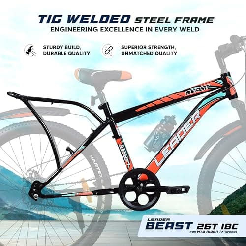 Leader Rigid Suspension Beast 26T IBC Premium 7 Speed Cycle for Men with Inbuilt Carrier,Rugged City/Mountain Gear Bicycle,Strong V-Brakes&Steel Frame,Ideal for 10+Years,Matt Black,137.1x21.5x72.3 cm 3