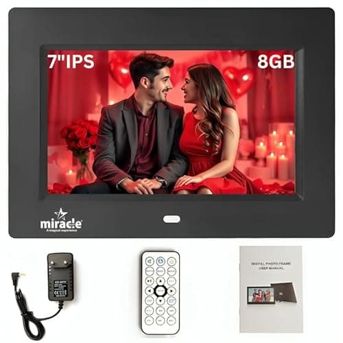 Miracle Digital 7 Inch IPS HD Digital Photo Frame, 1024×600 Display, 8GB Memory, 2GB RAM, 180° Wide Angle, Photo Video Music Playback, Slideshow, SD Card & USB Support with Remote