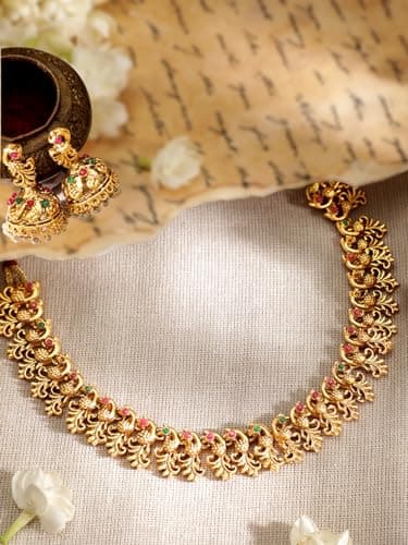 Rubans 22k Gold-Plated Red & Green Stone Studded Handcrafted Traditional Temple Jewellery Set For Women 3