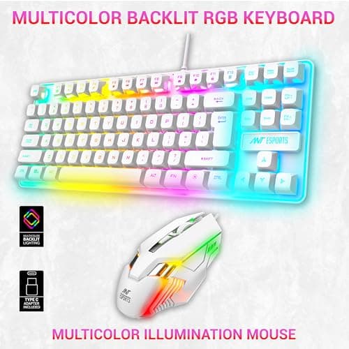 Ant Esports MK710 V2 Membrane TKL Wired Gaming Keyboard Mouse Combo 87 UV Coated Mechanical feel Keys Cool RGB Backlight Keyboard,1200-3600 DPI Aero-Jet RGB Gaming Mouse with Type C Adapter_ Mercury 3