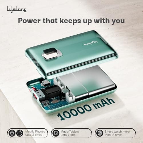 Lifelong Electronics 10000mAh Fast Charging Power Bank with Digital Display | Type C Input | 2 Output Ports | Quick Charge 3.0 | 22.5 W PD Powerbank | Cable Included (Teal Green) 3