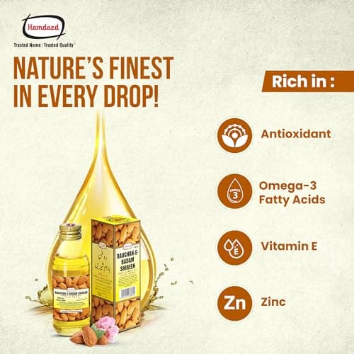 Hamdard Raughan-E-Badam SHIREEN Sweet Almond Oil for Body, Skin & Hair | 100ml | Natural Almond Oil | Helps Enhance Memory | Helps Relieve Constipation | Helps Build Stronger Muscles | Pack of 1 5