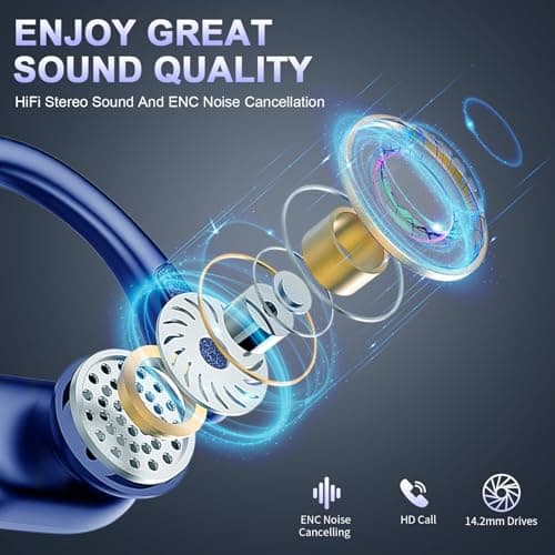 Wireless Earbud Bluetooth 5.4 Headphones 75Hrs Playtime, 2025 Bluetooth Earbuds Deep Bass Noise Cancelling Mic, Over Ear Bud with Sport Earhooks, IPX7 Waterproof LED Display, Button Control, Blue 3
