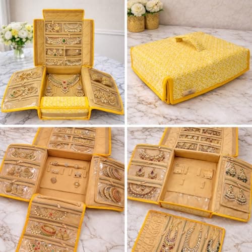 Trendifly silk Lucknowi Jewellery Organiser Box for women Necklace organizer pouches Travel Makeup Cosmetic Earrings Jewelry Storage box for Bridal Gifting (Bright Yellow) 5