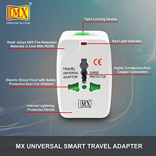 MX Universal Travel Adapter International All in One Worldwide Travel Multi Plug Adapter with Build in Single Port USB Charger Multi Type Power Outlet for USA EU UK AUS Cell Phone Laptop smart Phone 2