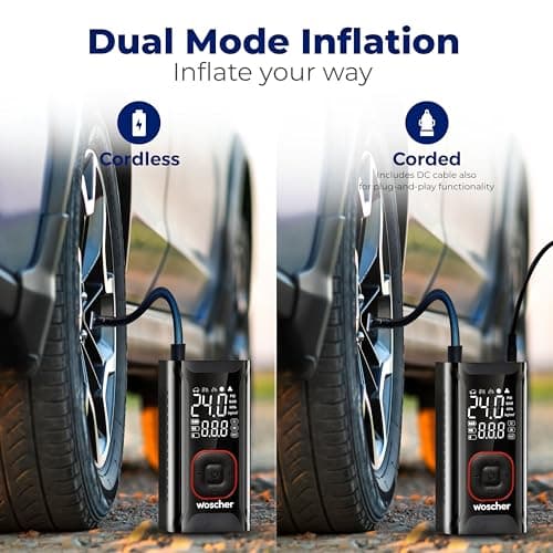 Woscher AirGo 2-in-1 Tyre Inflator for Car and Bike, Air Pump for Car Tyre, 150 PSI Wired & Wireless (4000mAh or 12V DC), Car Inflator | Tyre Inflator Kit | Cycle Pump for Bicycle 4