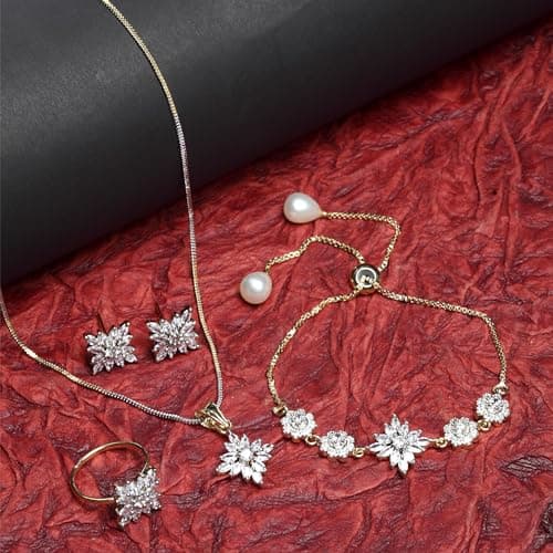 ZENEME Jewellery Set Cubic Zirconia 18K Gold Plated Elegant Pendant Set With Bracelet Ring Jewellery For Women & Girls (White) 2